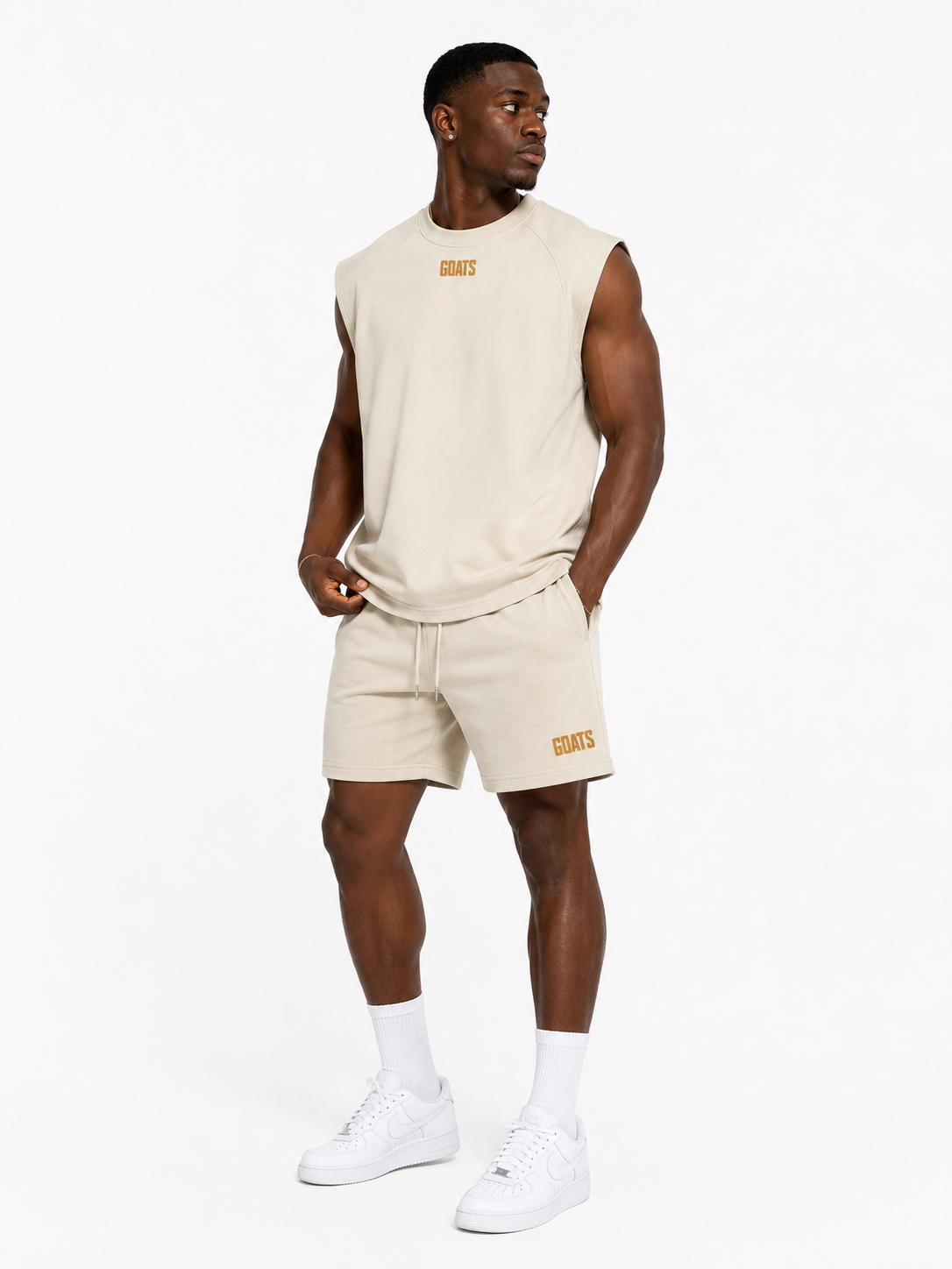 Skin-tone gold logo muscle shirt and shorts collection