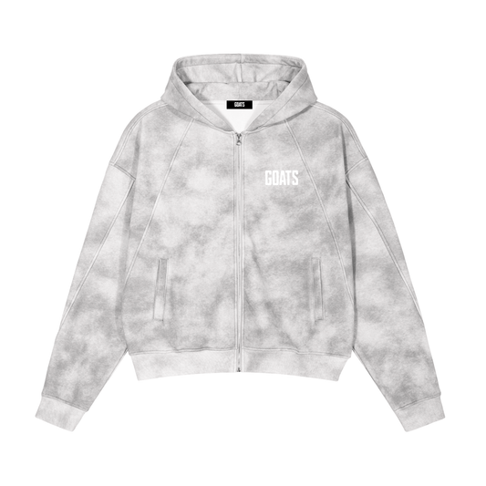 White Logo Dirty Washed Zip-Up Fleece Hoodie